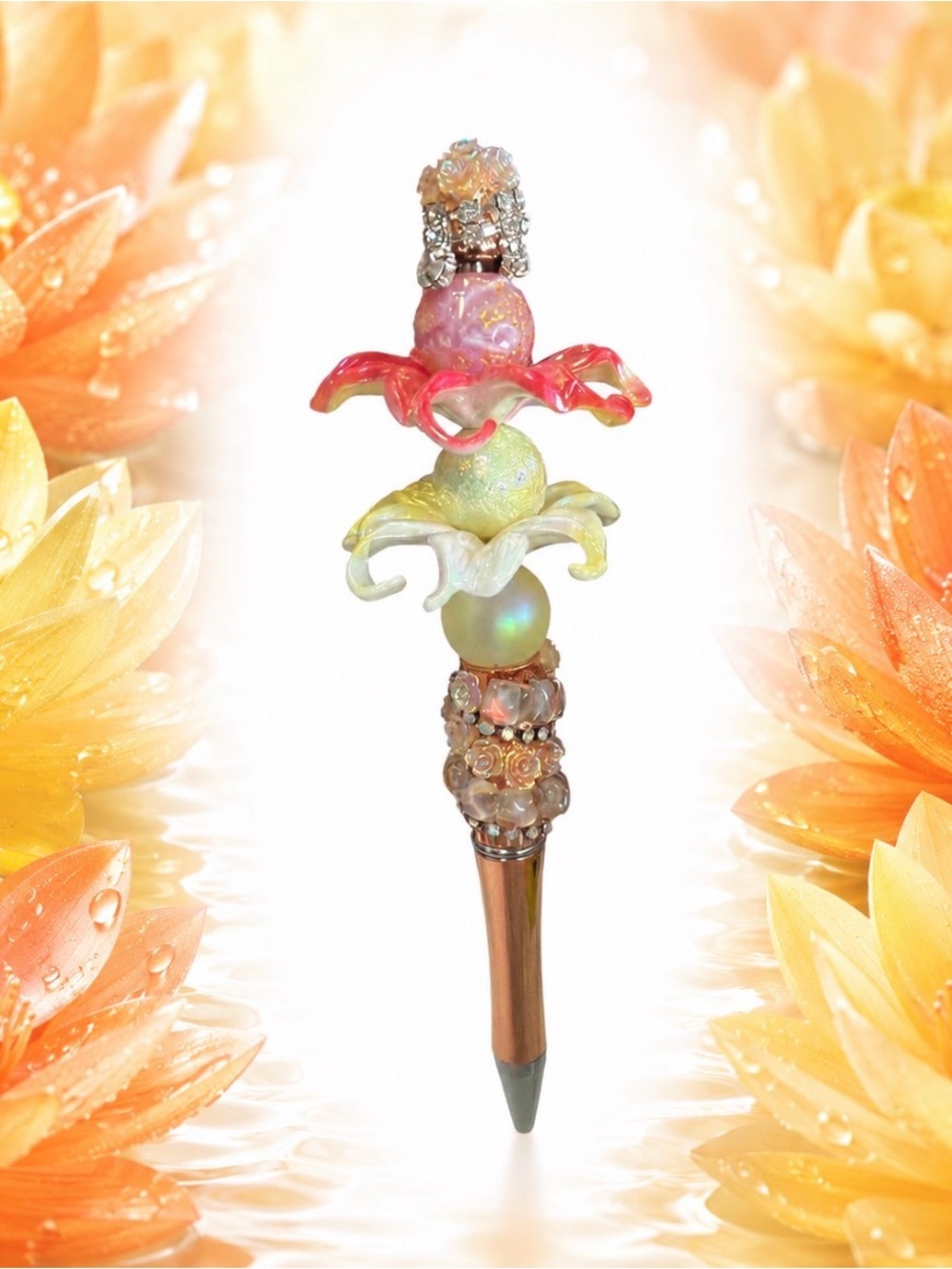Handcrafted Decorative Lotus Flower Pen - Pink and Yellow